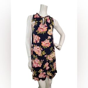 Loft Split Neck Dress Women's S Navy Blue Tropical Floral